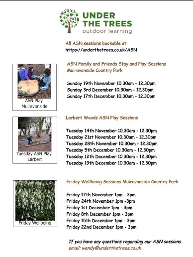 uttjess's tweet photo. All of our Free ASN family and Friends sessions up until Christmas are available to book on our website. Come and join us for outdoor fun and learning! https://t.co/8fQ873X217
@JennyMc_ASN @InspiringSland @RobertsonTrust @dwellsASN @ForestryLS 
@ClacksASN @ASNFalkirk https://t.co/o6WEaoOLIA