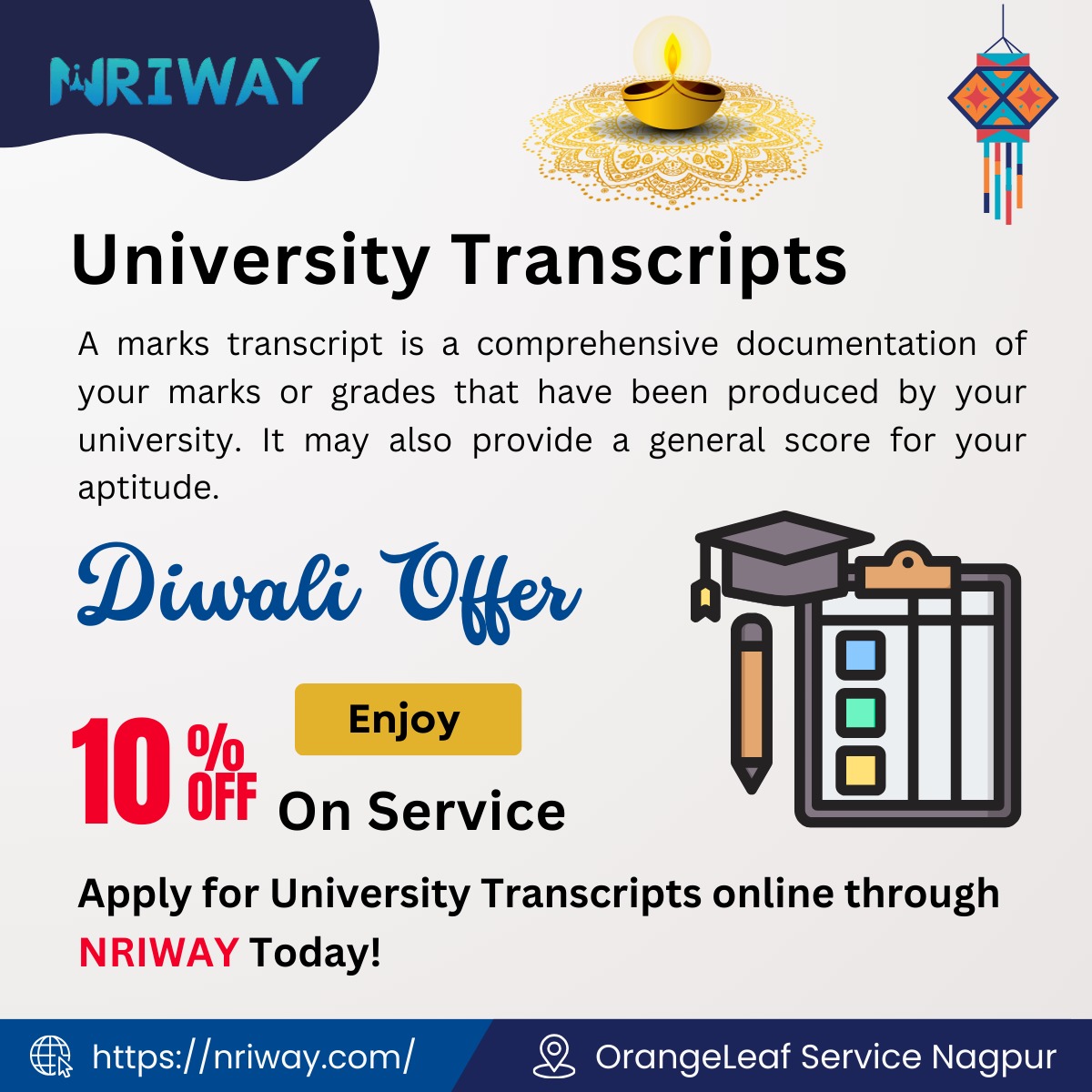 NriWay's tweet photo. 🎉 Diwali Offer Flat 10% OFF! 🎉 on University Transcripts
Limited Days Offer..!!
Order Online: https://t.co/dc9DOq5lze

#diwalioffers #diwali2023 #happydiwali #nri #nriway #transcripts #transcript #universitytranscripts https://t.co/yQy3aa23hR