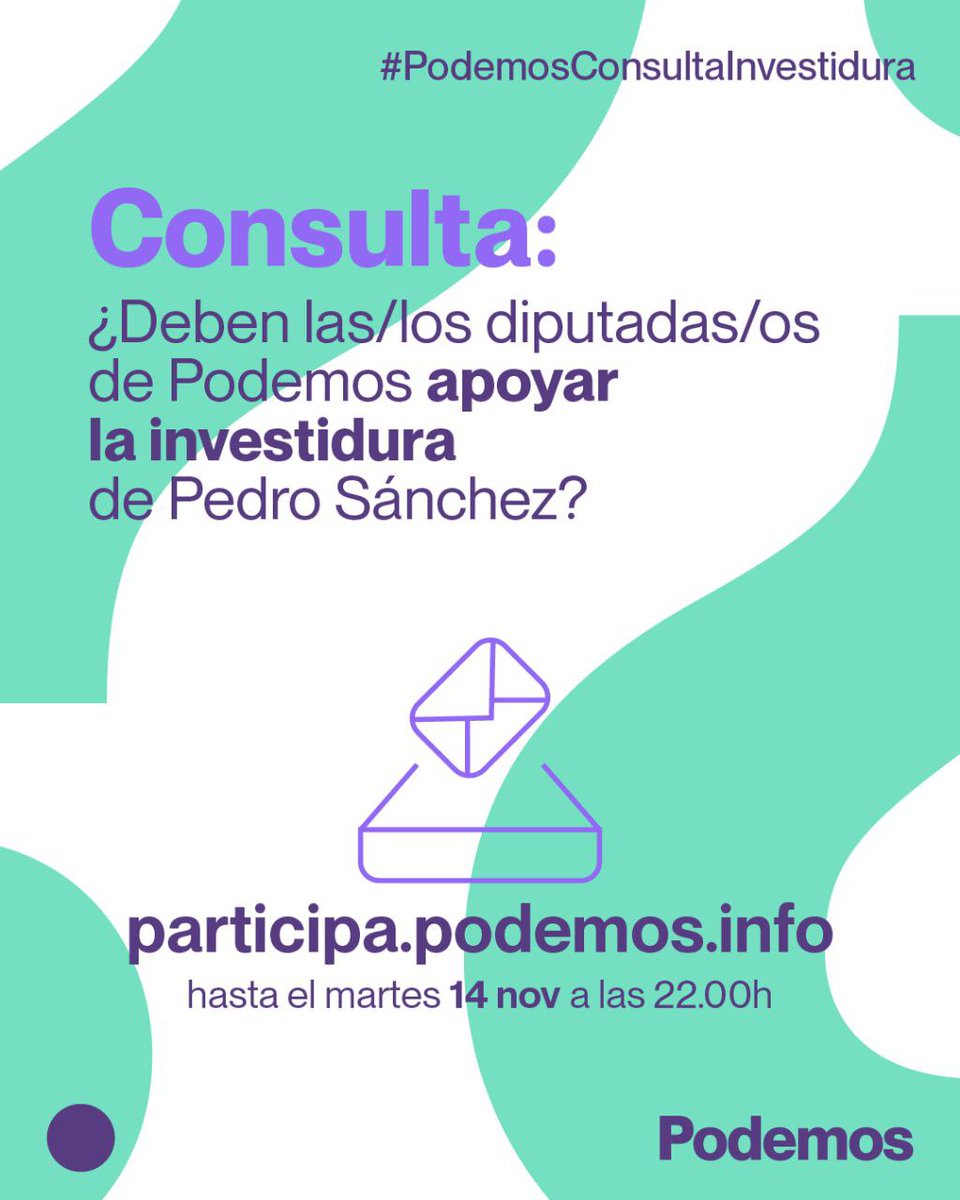 podemos_smarta's tweet photo. ¡Comienza la consulta a nuestras inscritas sobre la investidura!

Recuerda que puedes votar hasta el martes 14 a las 22h.

Entra en https://t.co/xwCtPb8uaN y vota 🗳

#PodemosConsultaInvestidura https://t.co/sDsKiKWc6J