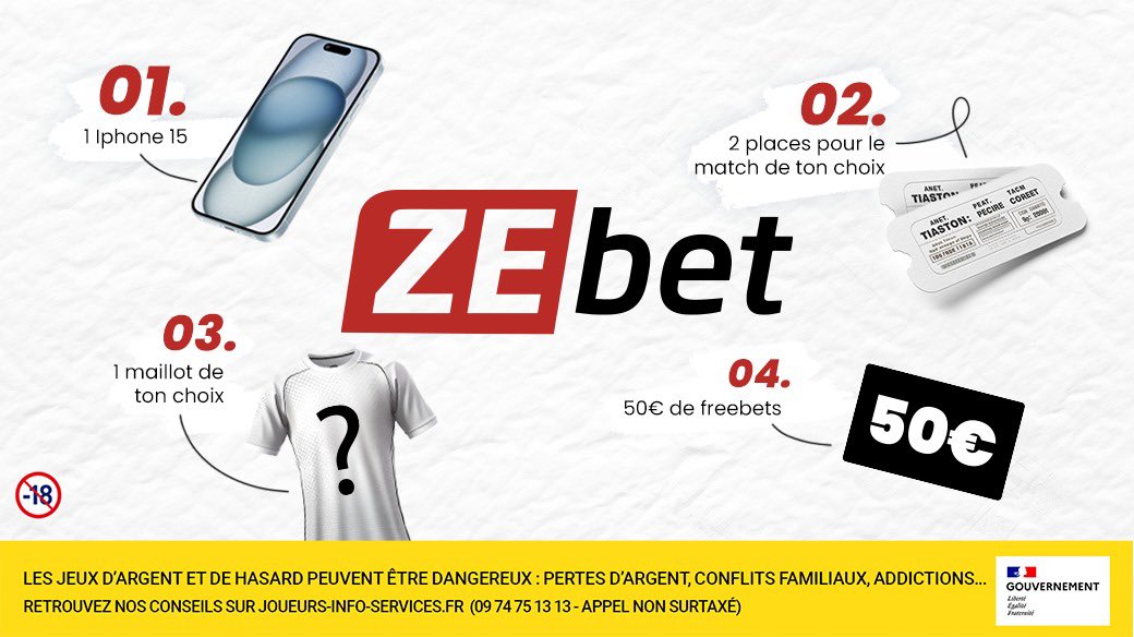 🚨 [CONCOURS] 

<a href="/ZEbetFr/">ZEbet 🔞</a> nous régale en offrant 1 iPhone 15, 2 places pour le match de ton choix, 1 maillot de ton choix et 50 euros de freebet !

Pour participer :

🔁❤ Retweet et like
🔴 Abonne-toi à <a href="/ZEbetFr/">ZEbet 🔞</a>
🚻 Identifie deux potes

TAS le 25/11.

Bonne chance à tous. 🍀