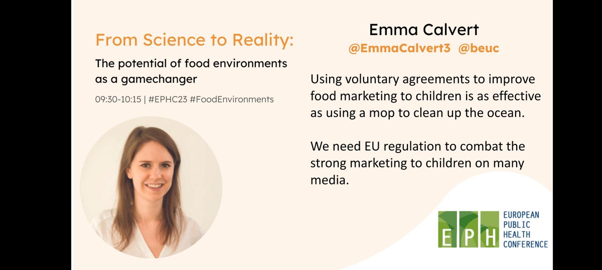 EPHA_EU's tweet photo. Emma Calvert of @beuc outlines the work the consumer organisation has done on healthy food market.
Many examples of social media influences partnering with junk/fast food and ineffective regulation of this.
#EPHC23 #FoodEnvironments https://t.co/c282UuEc6r