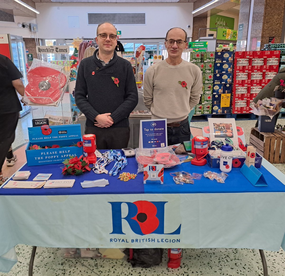 Myself and Jim are on the <a href="/PoppyLegion/">Royal British Legion</a> Appeal stand in Hinckley <a href="/MorrisonsNews/">Fan Account,</a> this morning. Come by to say hello if you're in the area!