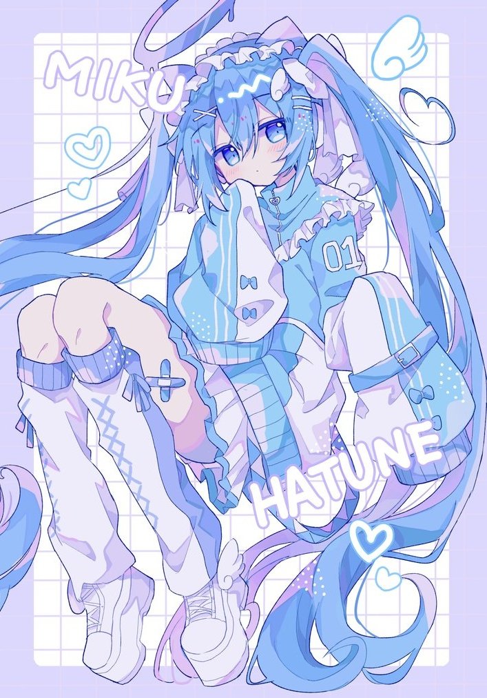 1girl solo long hair twintails blue eyes blue hair sleeves past fingers  illustration images