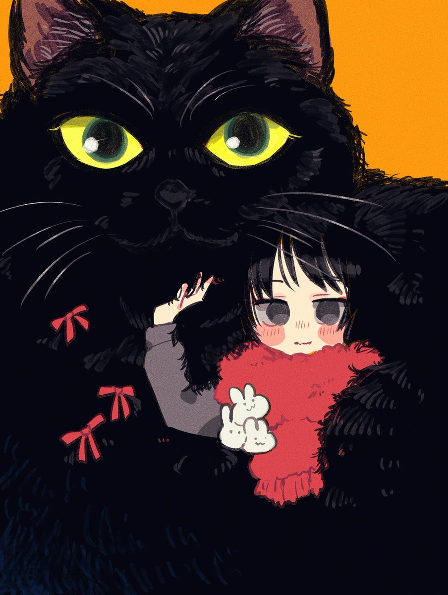 1girl scarf black hair cat black cat red scarf black eyes  illustration images