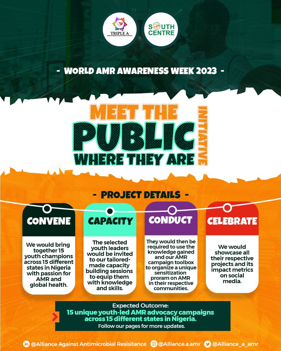 As part of #WAAW2023, we are collaborating with <a href="/South_Centre/">South Centre</a> to launch our “Meet the Public where they are” initiative aimed at executing 15 unique youth-led AMR awareness programs across 15 different states in Nigeria. 

Join us as we empower youths to prevent #AMR together.