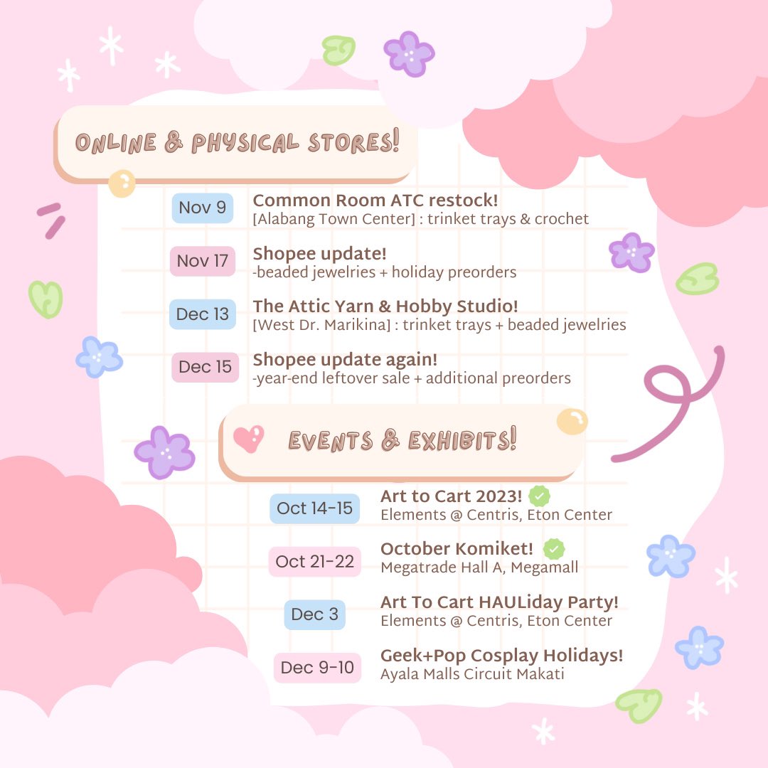 Hello all! ✧˖°.(´(ｪ)｀) here's my official Brrr Months Schedule for 2023! Feel free to support my works online or in person at my partner stores and during special events! 🥹🫶🏻 --- (cute capybara stickers from @canva !!!)