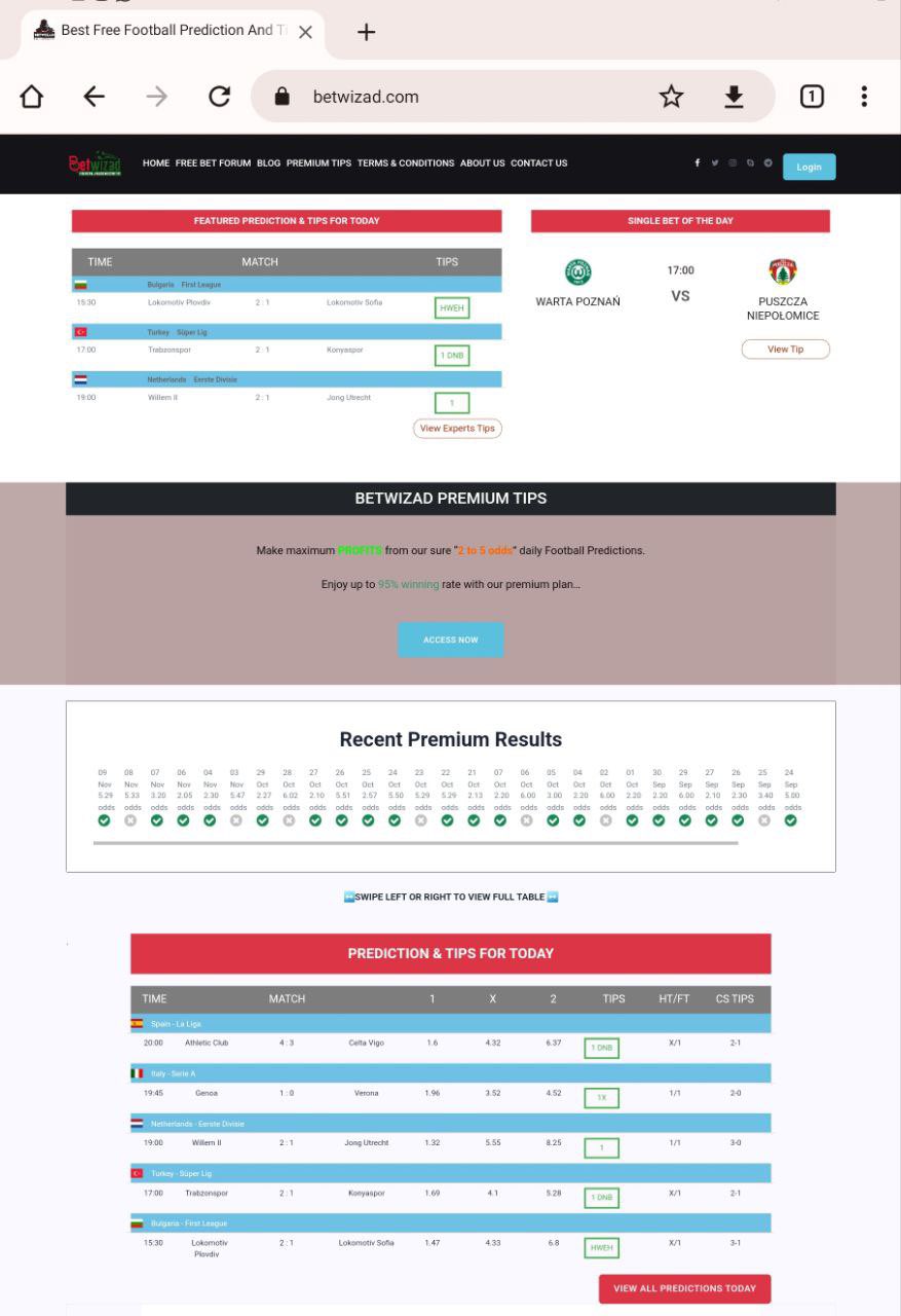 Best Free Football Prediction And Tips Website : BETWIZAD