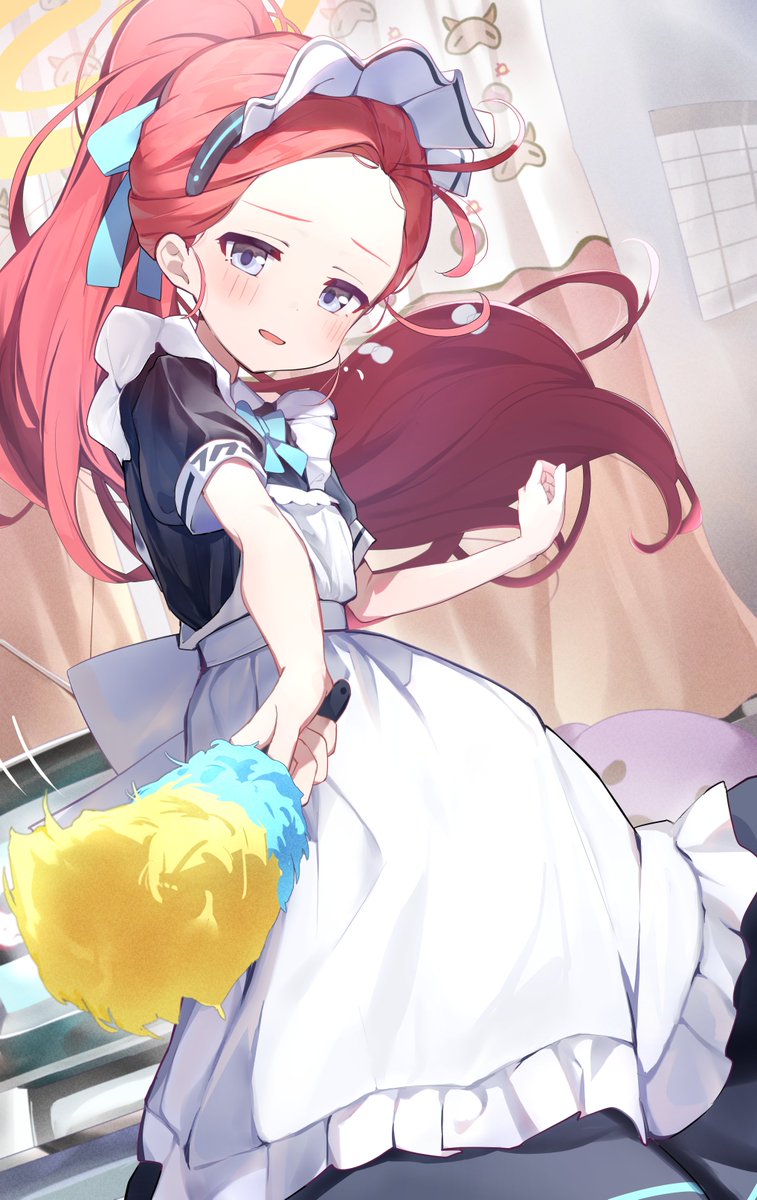1girl apron maid red hair solo long hair halo  illustration images