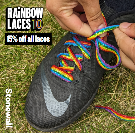 Get ready for #RainbowLaces season in style! 

To celebrate 10 years of campaigning, we’re offering 15% off all laces 🌈

Plus, there are new glitter and identity laces for you to explore too.  

Discount applied automatically at checkout 👉 bit.ly/46avMPX