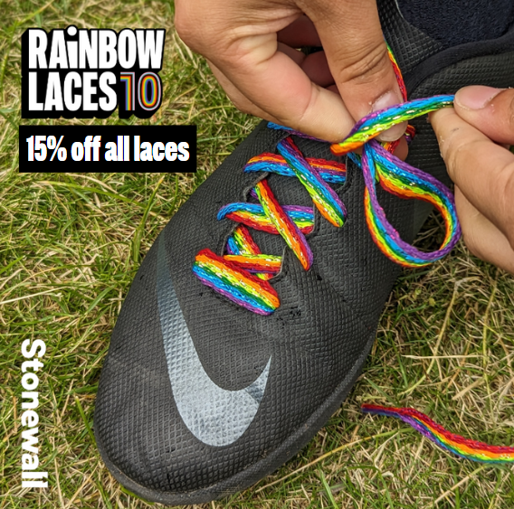 Get ready for #RainbowLaces season in style! To celebrate 10 years of campaigning, we’re offering 15% off all laces 🌈 Plus, there are new glitter and identity laces for you to explore too. Discount applied automatically at checkout 👉 bit.ly/46avMPX