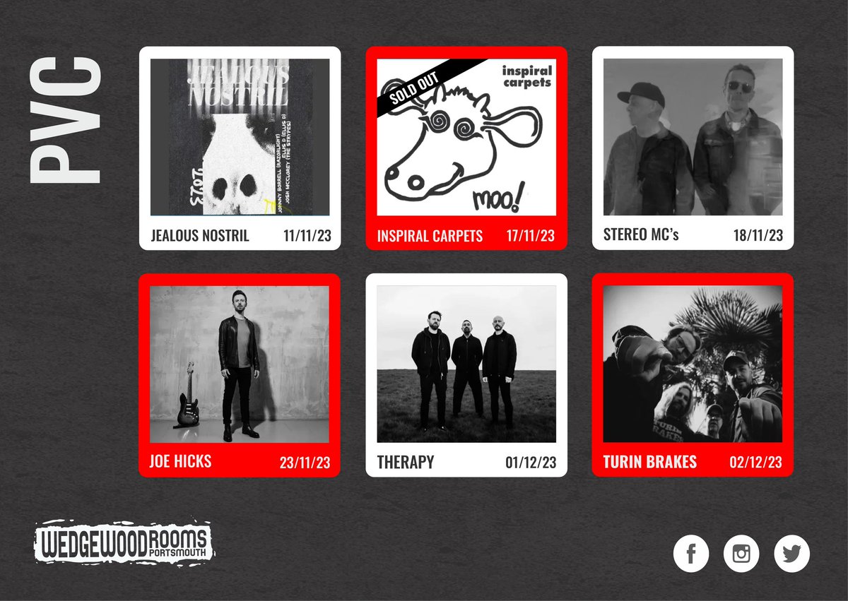 Wedgewood Rooms (@wedgewoodrooms) on Twitter photo Loads more big shows from PVC on their way!🤩
<a href="/JealousNostril/">Jealous Nostril</a> w/ <a href="/TheStraights_uk/">The Straights</a>
<a href="/inspiralsband/">Inspiral Carpets</a>
Stereo MC's w/ <a href="/philosipha/">philosipha</a>
<a href="/joehicksmusic/">Joe Hicks</a> w/ <a href="/jeaniewhitemus1/">@jeaniewhitemusic</a>
<a href="/therapyofficial/">THERAPY?</a> w/ @Bokassaband
<a href="/turinbrakes/">Turin Brakes</a>
Tickets for each show can be found at wedgewood-rooms.co.uk Loads more big shows from PVC on their way!🤩
<a href="/JealousNostril/">Jealous Nostril</a> w/ <a href="/TheStraights_uk/">The Straights</a>
<a href="/inspiralsband/">Inspiral Carpets</a>
Stereo MC's w/ <a href="/philosipha/">philosipha</a>
<a href="/joehicksmusic/">Joe Hicks</a> w/ <a href="/jeaniewhitemus1/">@jeaniewhitemusic</a>
<a href="/therapyofficial/">THERAPY?</a> w/ @Bokassaband
<a href="/turinbrakes/">Turin Brakes</a>
Tickets for each show can be found at wedgewood-rooms.co.uk