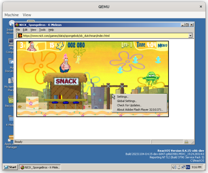 reactos's tweet image. Adobe Flash Player 32.0.0.371 NPAPI and Adobe Shockwave Player 12.3 NPAPI plugins run well in K-Meleon, on #ReactOS!
Shockwave plugin has no sound.
Trying the Flash plugin with New Moon 27 and Firefox 48 causes major system instability, tester Wumbo reports.
