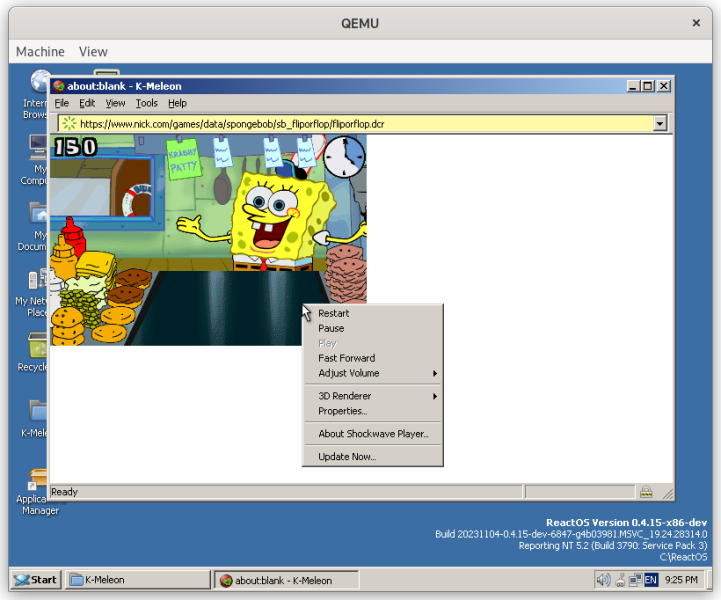 reactos's tweet image. Adobe Flash Player 32.0.0.371 NPAPI and Adobe Shockwave Player 12.3 NPAPI plugins run well in K-Meleon, on #ReactOS!
Shockwave plugin has no sound.
Trying the Flash plugin with New Moon 27 and Firefox 48 causes major system instability, tester Wumbo reports.