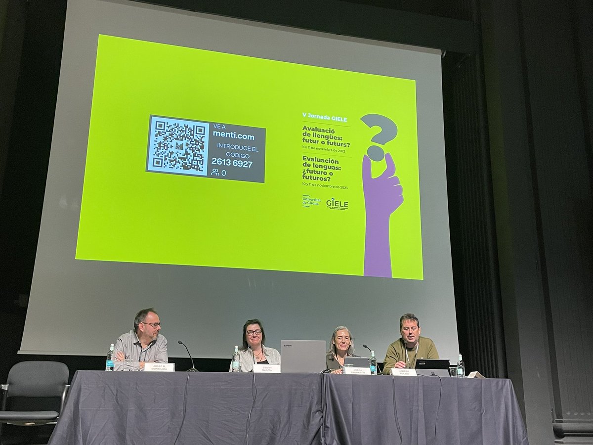 Panel sobre IA y la evaluación en España. Juana Sanmartin (ACLES) Eva María García (Instituto Cervantes) Josep María Montcada (Generalitat de Catalunya). Modera Andreu Pulido (Universitat de Girona) #GIELE2023