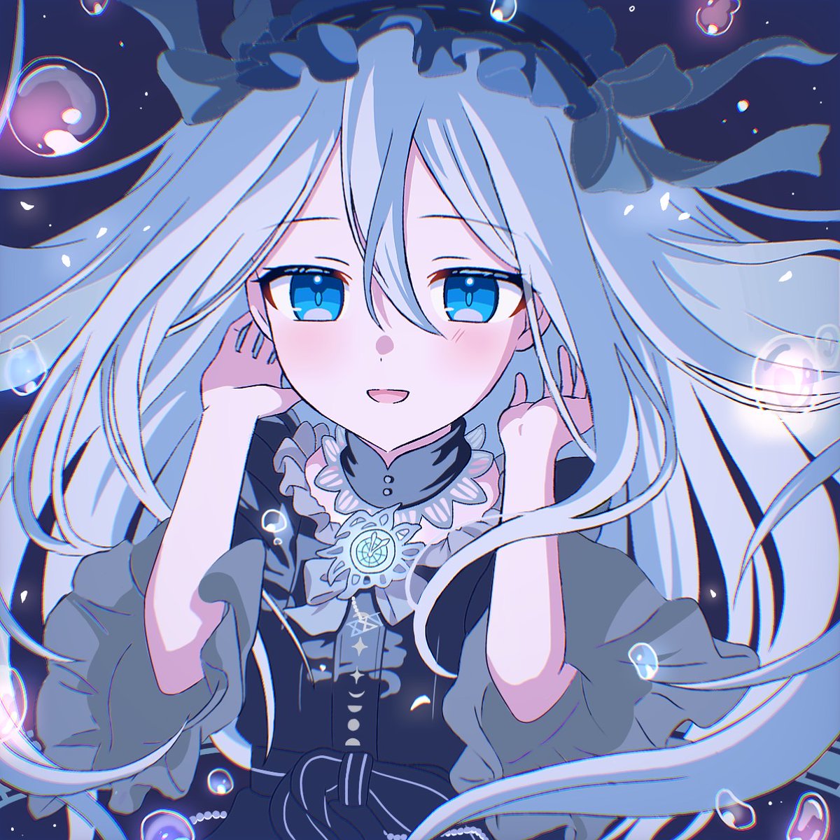 1girl solo blue eyes long hair dress looking at viewer black dress  illustration images