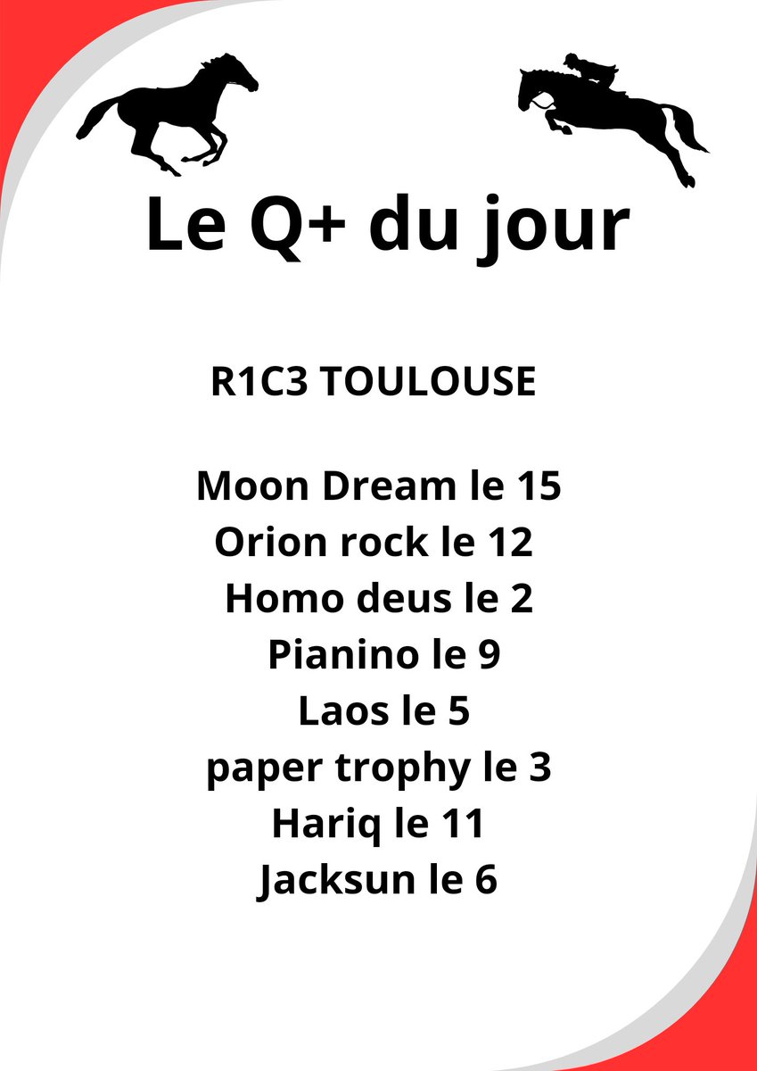 RueDesTurfistes's tweet image. 🏇Le Quinté du jour R1C3 TOULOUSE ‼️ Un like ou un partage ne coûte rien, pensez-y 👍
@ZEturfFr @PMU_Hippique #Quinte #turf #hippique #TeamParieur