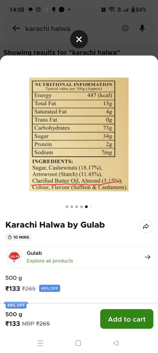 shitijsawhney's tweet image. @letsblinkit @zomato @deepigoyal @jagograhakjago
Wrong variant of karachi halwa one made with Pal Oil delivered instead of the variant with clarified butter which is mentioned in the application and the one I ordered.
Pics of ordered variant
Pics of delivered variant in thread