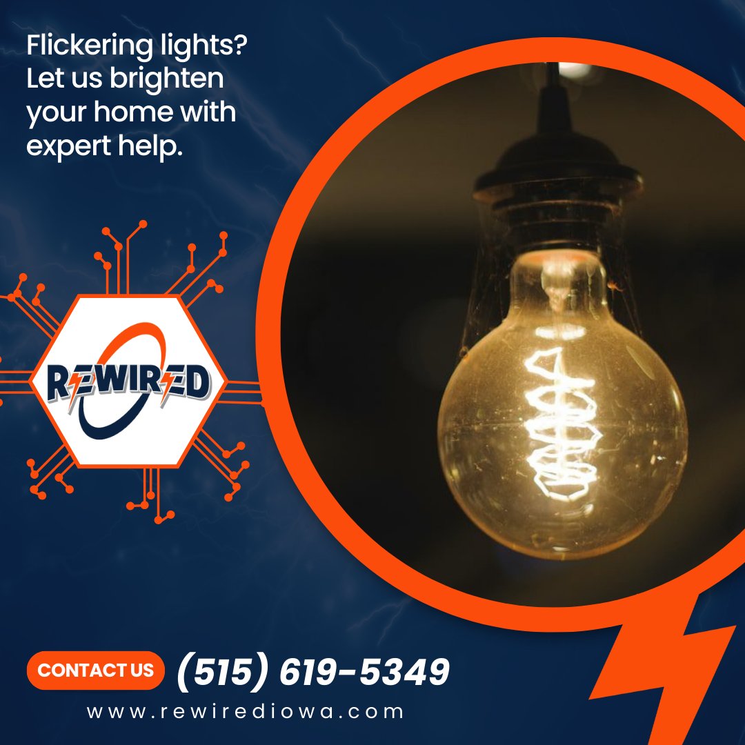 Rewirediowa's tweet image. Flickering lights? Let us unravel the mystery! Contact (515) 619-5349 for pro assistance. Trust Rewired Iowa for reliable solutions. #LightingIssues #RewiredIowa
