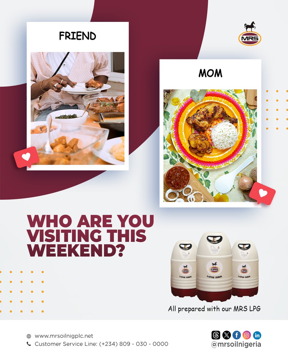 MRSOilNigeria's tweet image. Who's stealing your heart this weekend – Mum or your awesome friend? ❤️👩‍👧‍👦
Whatever your vibe, make it unforgettable with MRS Gas! 🔥💨 
Reply with "Mum" or "Friend" and let us know your weekend plans! 🗣️
#MRSGas #weekendplans
#cookingadventures