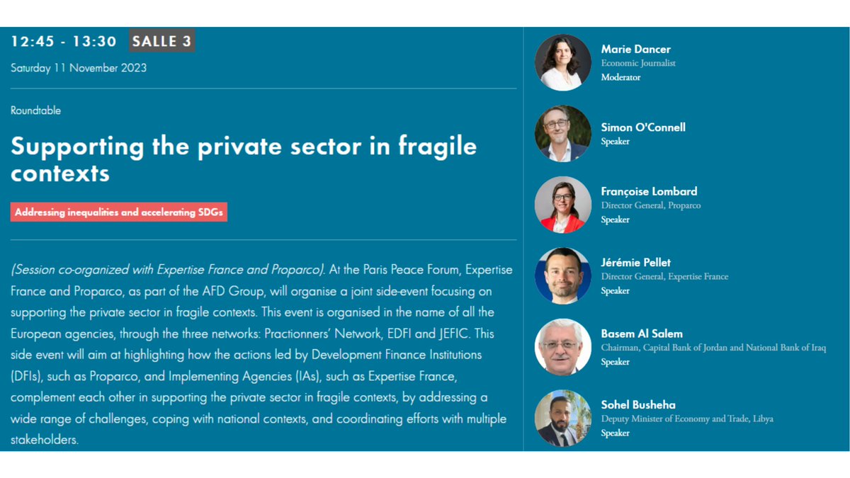 📆💬 #reminder <a href="/PelletJeremie/">Jérémie Pellet</a>, CEO of Expertise France and chair of <a href="/Practitioners_/">The Practitioners' Network</a>, and <a href="/Fr_Lombard/">Françoise Lombard</a>, CEO of Proparco, will participate to a round table called « Supporting the private sector in fragile contexts», from12:45 pm to 1:30 pm at <a href="/ParisPeaceForum/">Paris Peace Forum</a>.

With the presence of