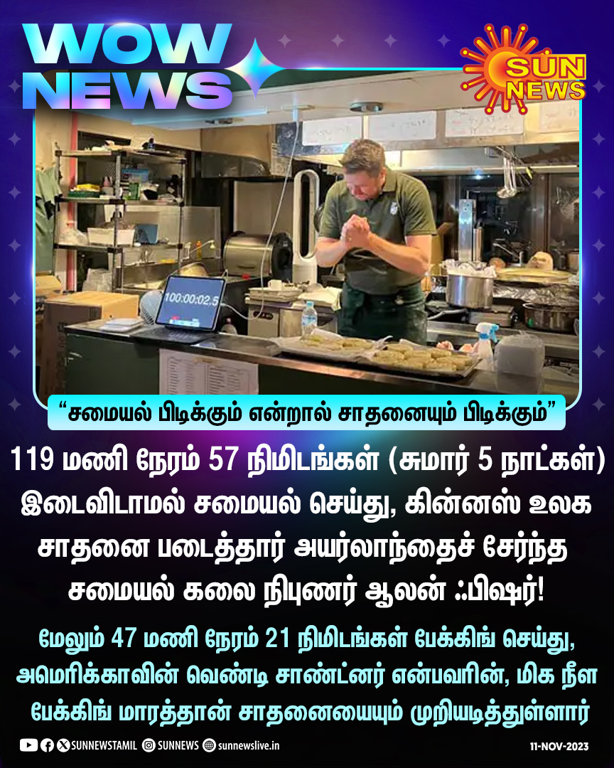 sunnewstamil's tweet image. #WowNews | 5 நாட்கள் தொடர்ந்து சமையல் செய்து கின்னஸ் சாதனை!

#SunNews | #IrishChef | #GuinnessWorldRecord