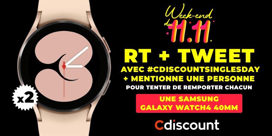 Cdiscount's tweet photo. 🎁 #Concours 
C'est le 11.11 !

Découvrez nos offres dédiées durant le Single's Day 👉 https://t.co/lRxBthjDYY

✔️ RT + TWEET avec #CDISCOUNTSINGLESDAY + mentionne une personne, pour remporter 2 Galaxy Watch 4 (pour être chacun connecté à l'autre ❤️)

🍀 TAS le 15/11 https://t.co/cuj8QWHo2e