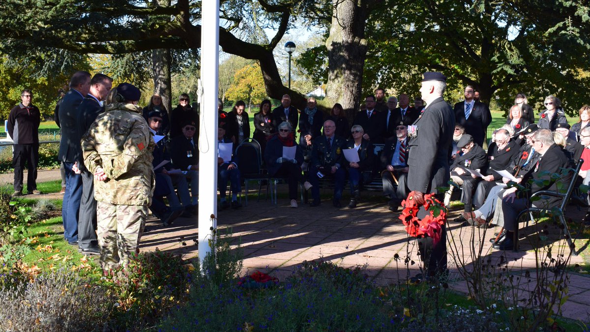 BlabyDC's tweet photo. Veterans, leaders and civil servants gathered yesterday at the Memorial Gardens outside the Council Offices for our Remembrance ceremony. 
There were speeches from both the Leader and the Chair of the Council, and a two-minute silence was held at 11am.
We will remember them 🌹 https://t.co/XjeqreKHrr