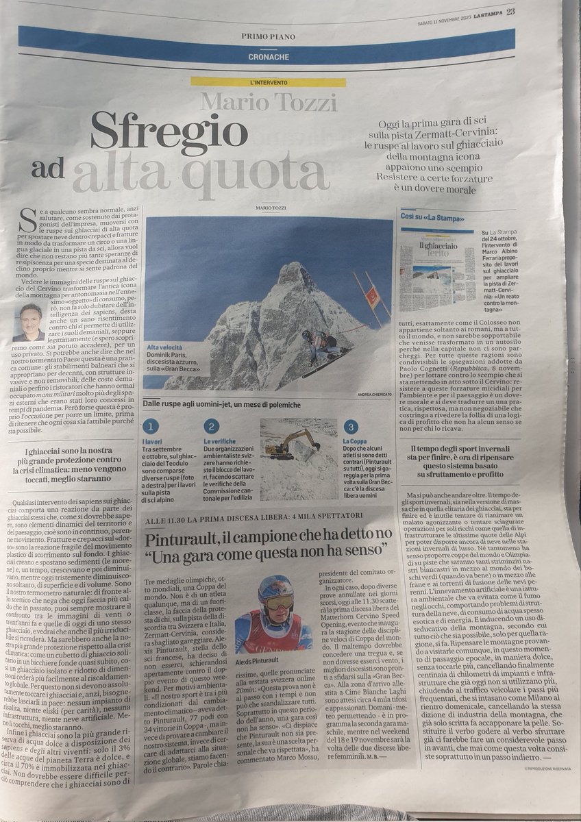 'Oggi la prima gara di #sci sulla pista #Zermatt-#Cervinia: le ruspe al lavoro sul #ghiacciaio della #montagna icona appaiono uno scempio. Resistere a certe forzature è un dovere morale.' @OfficialTozzi su @LaStampa. Per favore, ignorate questa gara assurda e antistorica.