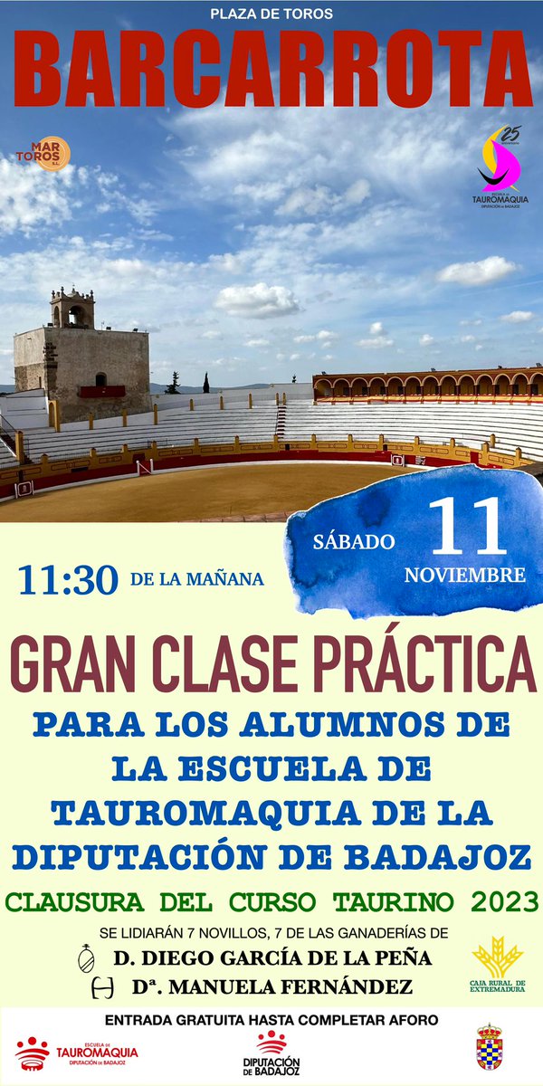 Barcarrota (Badajoz) ahora clase práctica fin de curso de la escuela taurina <a href="/DipBadajoz/">Diputación d Badajoz</a> con reses de Diego García de la Peña y de Manuela Fernández <a href="/portaltaurino/">Portal Taurino</a>