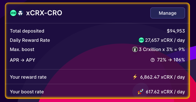 There are still good farming APRs on #CronosChain! One of them is xCRX-CRO LP on <a href="/crodexapp/">Crodex | AMM / DeFi / NFT Ecosystem on Cronos</a>. Stake LP for 70% APR and boost your rewards with <a href="/CrxillionClub/">Crxillion Club</a> NFTs 😎 Are you in #CROfam? I am! 🔥