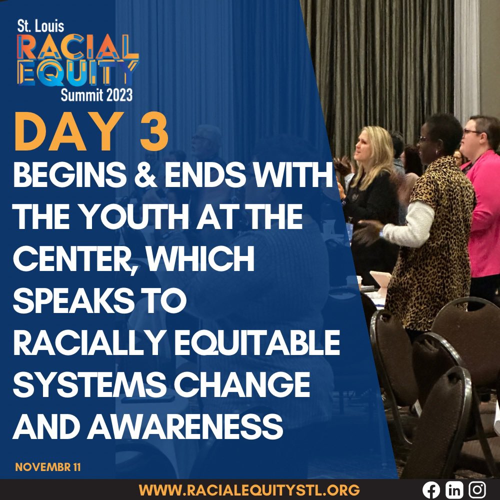 St. Louis Racial Equity Summit 2023 (@stlres23) on Twitter photo The grand finale of #STLRES23 is here – Day 3! "Youth at the Center" takes the spotlight, focusing on racially equitable systems change and awareness. Get ready for a powerful conclusion! Join the conversation using. 
#RacialEquity #YouthLeadership #SystemsChange
#TogetherWeRise The grand finale of #STLRES23 is here – Day 3! "Youth at the Center" takes the spotlight, focusing on racially equitable systems change and awareness. Get ready for a powerful conclusion! Join the conversation using. 
#RacialEquity #YouthLeadership #SystemsChange
#TogetherWeRise