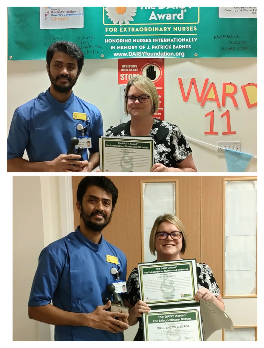 So very proud of Gigil getting a daisy award yesterday from a family and patient he made the difference to. He was so shocked! Thanks @vickyADN for presenting #daisyaward #patientfirst #proudmatron @UHCW_TraumaNeur