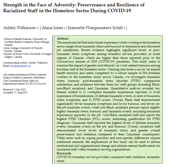 NEW ARTICLE! Available now as open access, online first at: ojs.lib.uwo.ca/index.php/ijoh… As the body of evidence grows on experiences of working in the #homelessness sector, this article focuses particularly on experiences of racialized staff during the #pandemic