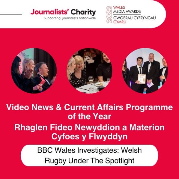 Delighted on behalf of my great @BBCWales⁩ Investigates team to accept two ⁦@W_M_A⁩ #WalesMediaAwards last night for our investigation into Welsh rugby. Huge thanks to all but especially the women & girls whose stories we told.