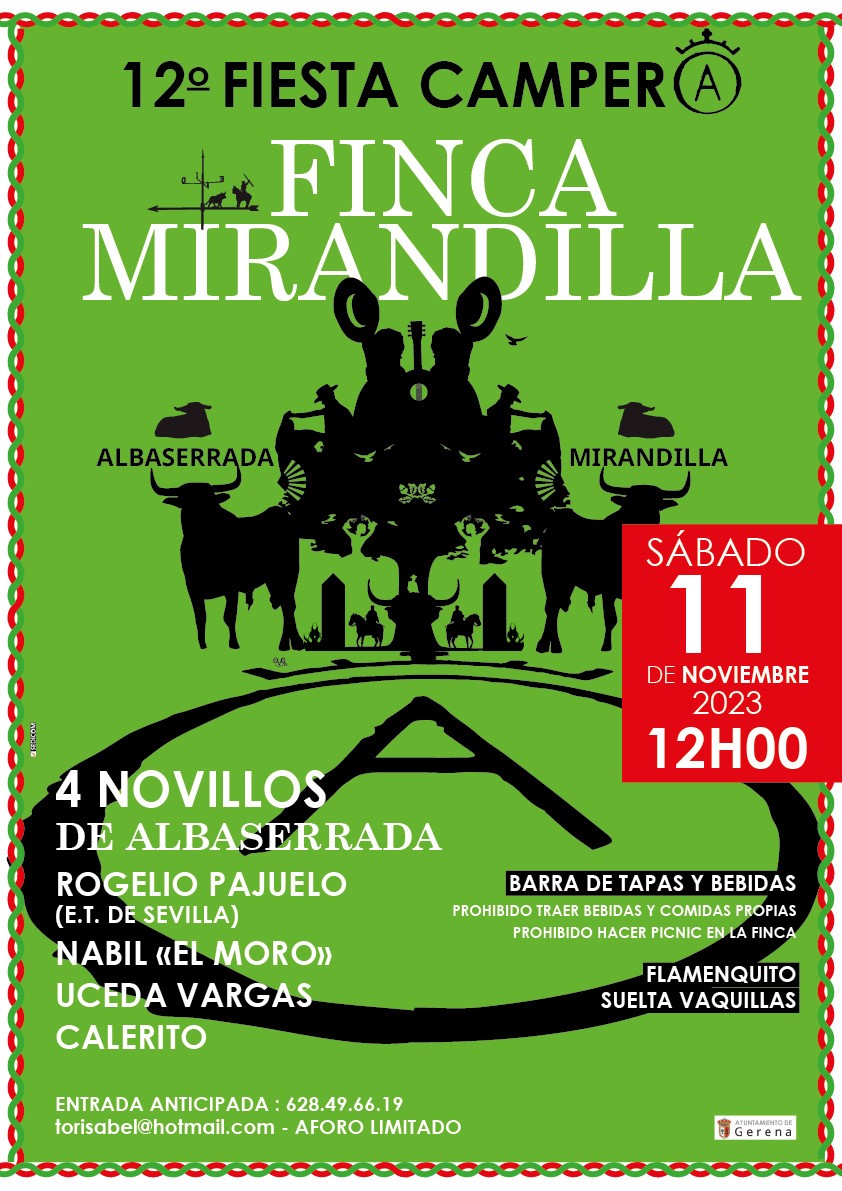 Gerena (Sevilla) Finca Mirandilla ahora Fiesta Campera, a la francesa con barra, tapas y flamenquito, con novillos de Marqués de <a href="/GAlbaserrada/">Ganadería Albaserrada</a> para Rogelio Pajuelo, <a href="/NabilEssaouari/">Nabil Essaouari</a> El Moro, <a href="/uceda_vargas/">Miguel Uceda Vargas</a> y <a href="/caleritotorero/">Calerito</a> <a href="/portaltaurino/">Portal Taurino</a>