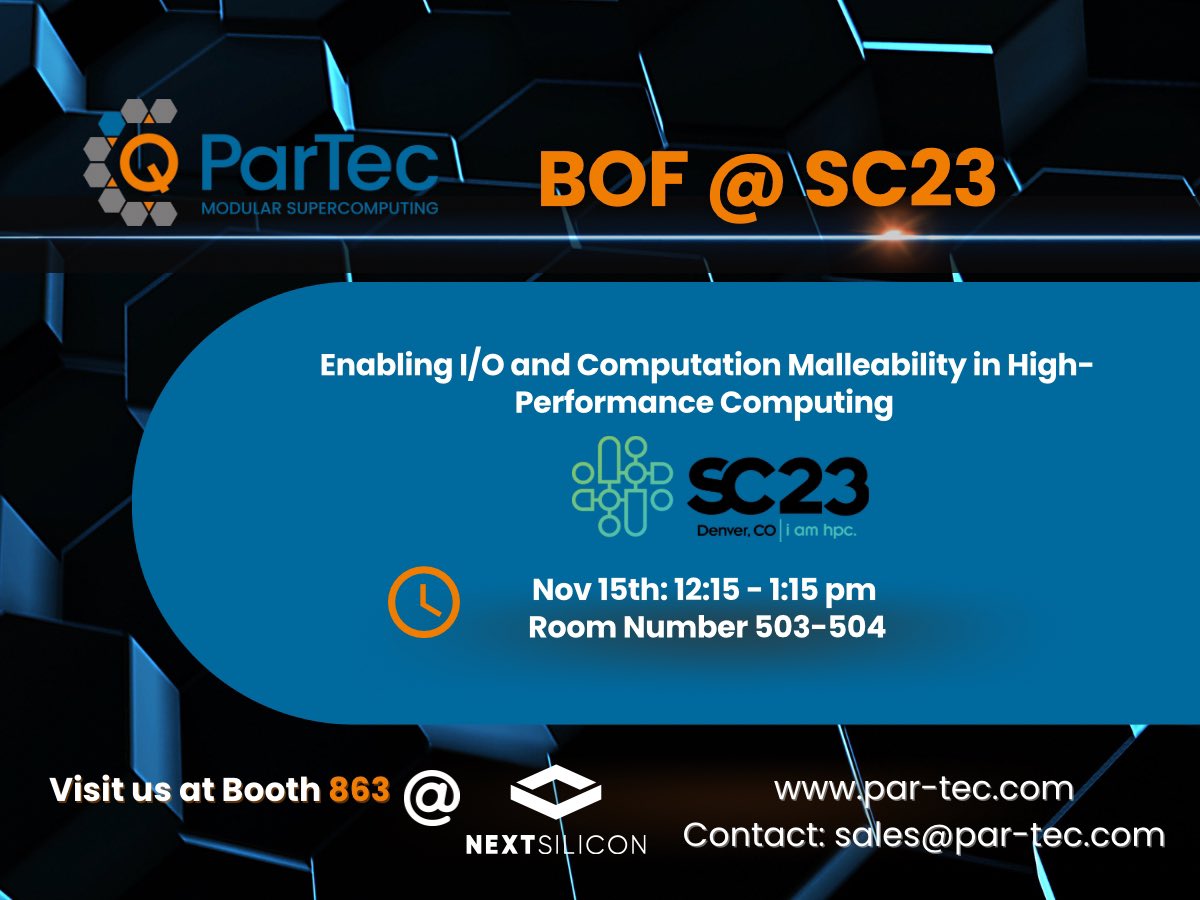 ParTec AG (@partec_ag) on Twitter photo Don‘t miss this in Denver at <a href="/Supercomputing/">SC25</a>. 
The experts of <a href="/ParTec_AG/">ParTec AG</a> are excited to contribute to a BoF at #SC23
More: sc23.conference-program.com/presentation/?…
Please contact our Team at sales@par-tec.com for more!
✨
Or visit us at booth 863 at our partner <a href="/NextSilicon/">NextSilicon</a>.
💫 Don‘t miss this in Denver at <a href="/Supercomputing/">SC25</a>. 
The experts of <a href="/ParTec_AG/">ParTec AG</a> are excited to contribute to a BoF at #SC23
More: sc23.conference-program.com/presentation/?…
Please contact our Team at sales@par-tec.com for more!
✨
Or visit us at booth 863 at our partner <a href="/NextSilicon/">NextSilicon</a>.
💫