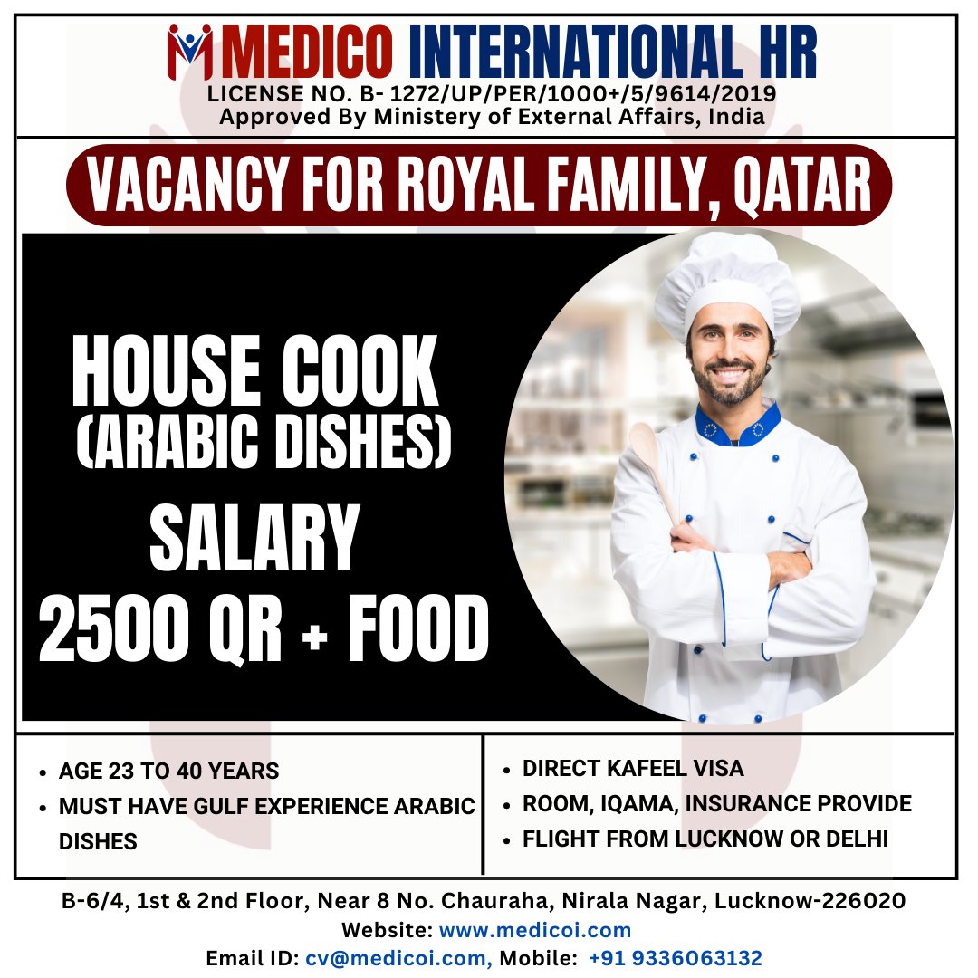 Workvisamedico's tweet image. HOUSE COOK (ARABIC DISHES)
SALARY 2500 QR + FOOD
=
For apply please Call/ WhatsApp us: +91 9336063132

#cookjob #cookjobs #cook #cooking #chef #dubaijob #jobs #thegoanshack #hotelmanagementjobs #dubai #recruitment #uae #qatarjobs #job #lucknow