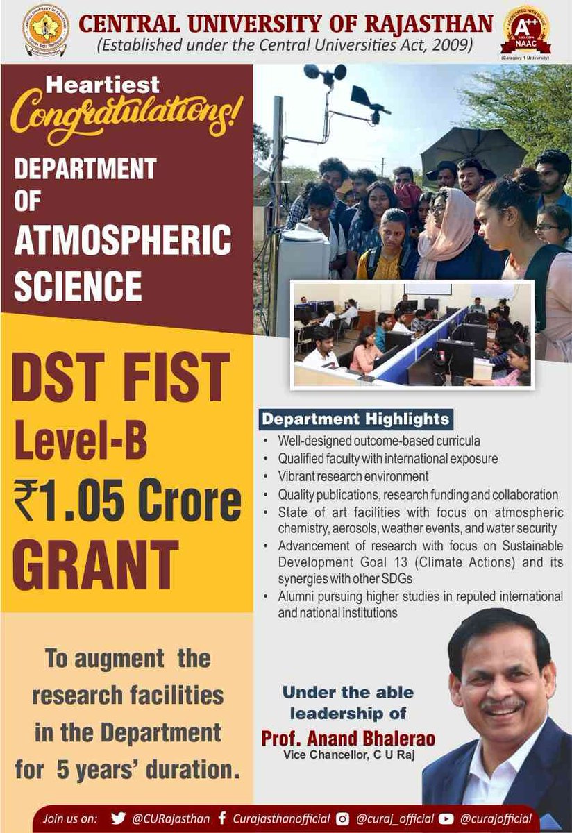 CURajasthan's tweet image. Heartiest congratulations to Department of Atmospheric Science at C U Raj for securing DST FIST Grant for research augmentation! This achievement is a testament to your commitment to excellence in research and innovation. #atmosphericscience 
Prof Anand Bhalerao
Vice Chancellor