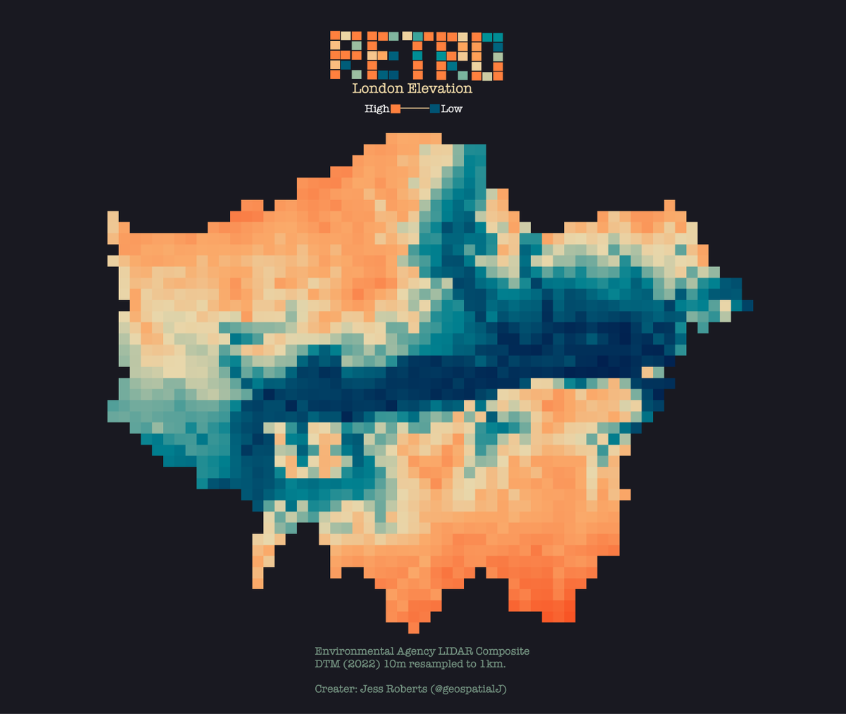 GeospatialJ's tweet photo. Day 11 of the #30DayMapChallenge - Retro! #London elevation 🟦🟧⬜️ https://t.co/hgz2cQyM9a