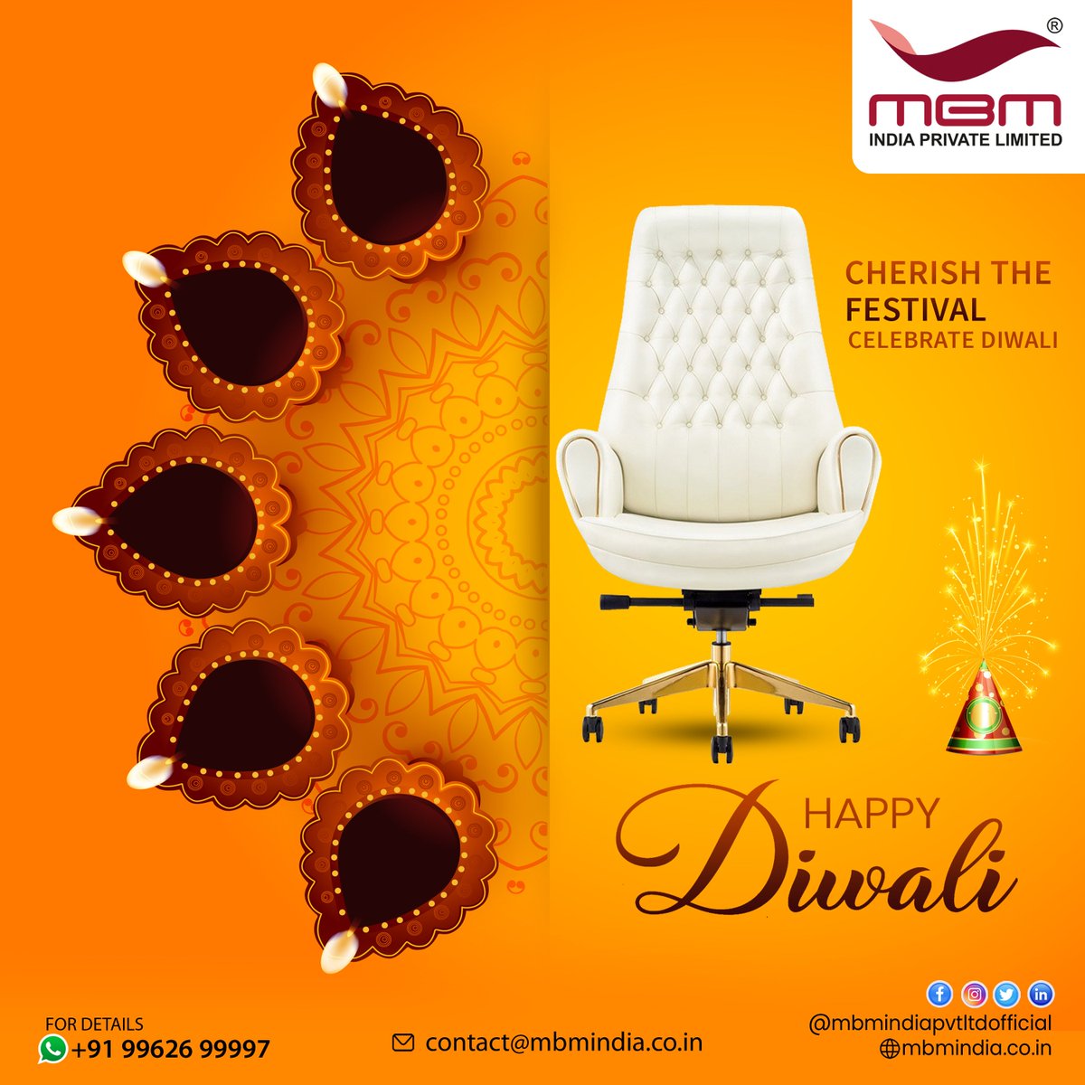 May this Diwali bring joy, prosperity, and success to your life. Wishing you a very Happy Diwali! 🪔✨

#HappyDeepavali #diwali #HappyDiwali #festivaloflights2023 #MBMCHAIRS #celeberations #MBMINDIAPVTLTD #mbm #luxurychairs #officechairs