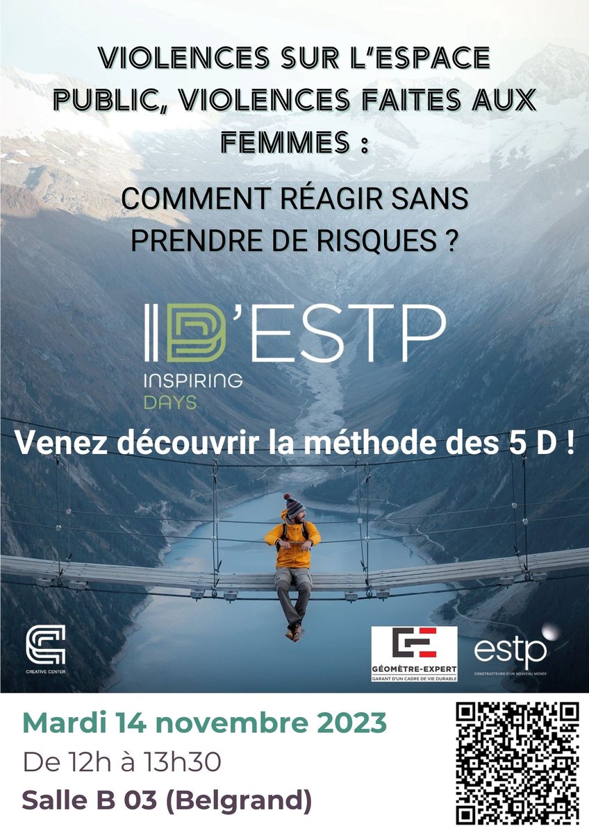 Le mardi 14 novembre, rejoignez-nous lors du prochain ID’ESTP, organisé par la Commission Égalité &amp; Diversité de l’Ordre des Géomètres-experts en partenariat avec Stand'Up, dans la lutte contre le harcèlement de rue.

👉 Inscrivez-vous dès maintenant : lnkd.in/enQDQafT