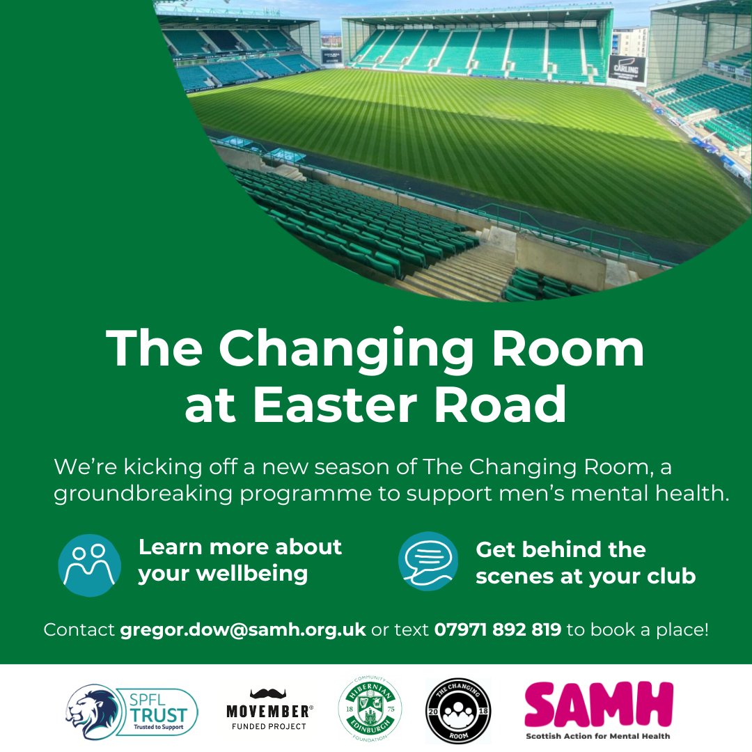 The Changing Room at @HibernianFC is back! Open to all men aged 30-64, join to connect with others around football and mental health. Our intro sessions will take place on: 🟢 Tues 21 Nov (6-7:30PM) 🟢 Thurs 23 Nov (2-3:30PM) Also, free pizza! 🍕 samh.org.uk/get-involved/p…