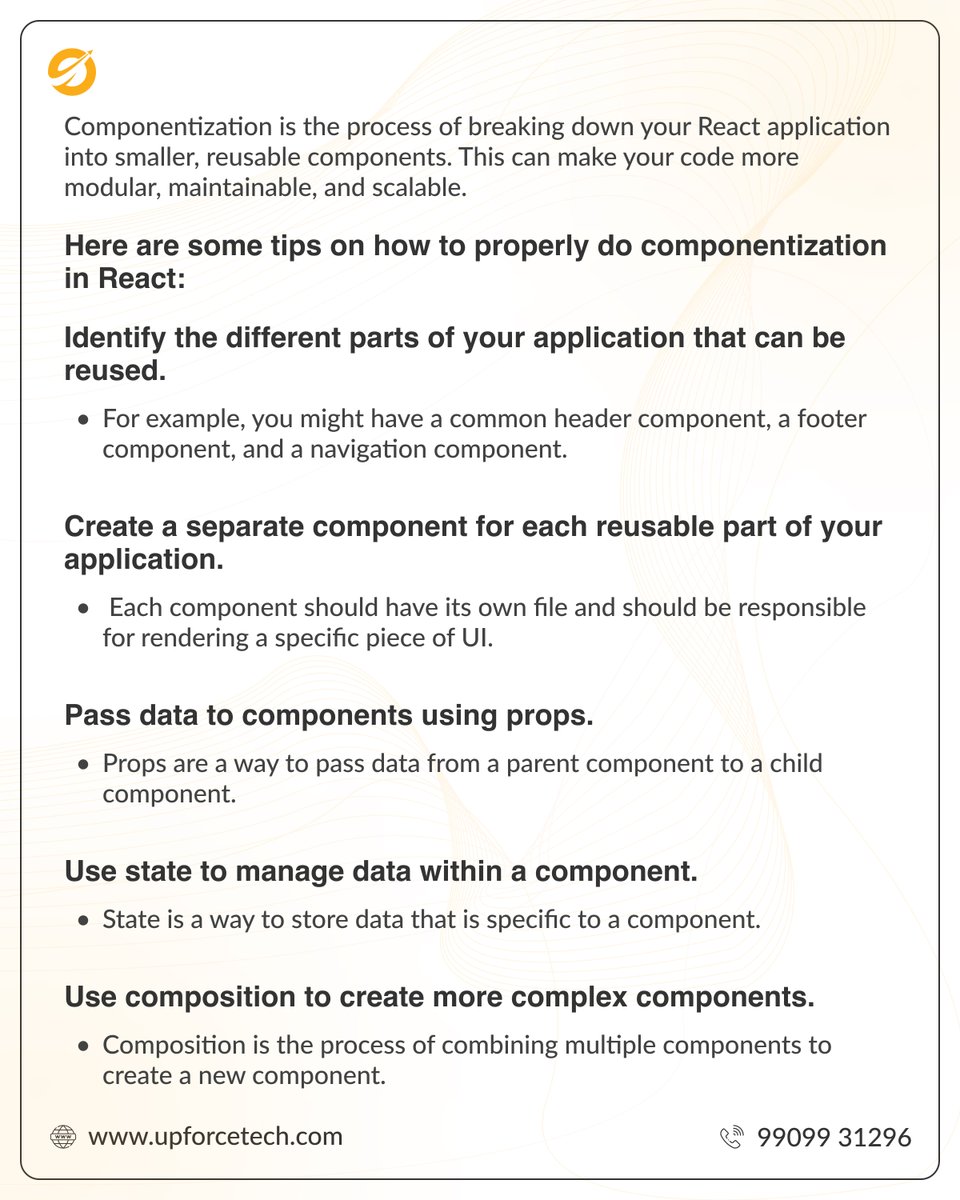 UpforceT60125's tweet image. Are you a React developer looking to level up your skills? Join us as we dive into the world of componentization and explore best practices to optimize your React projects. #UpforceTech #React #Componentization #DeveloperSkills