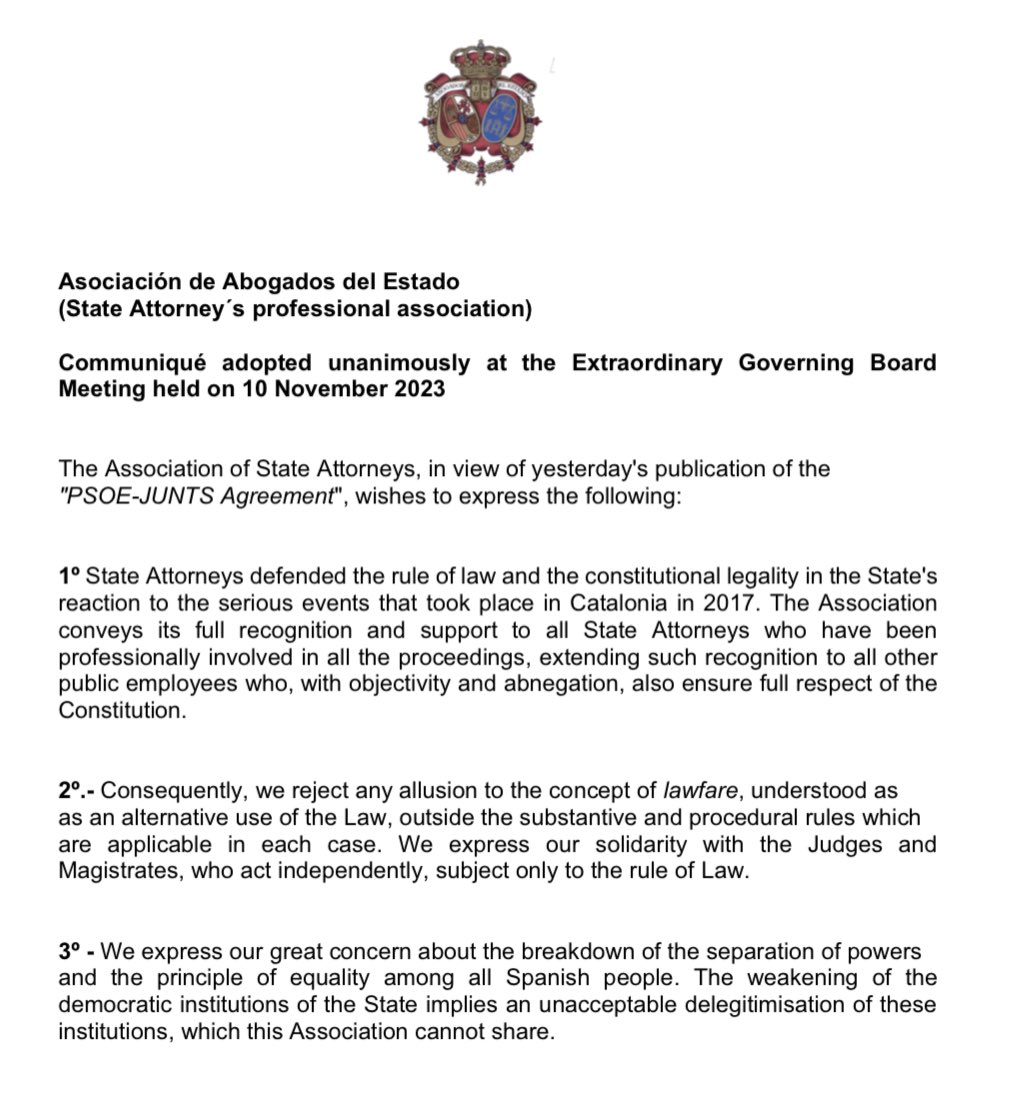 Spanish state attorney’s on the socialist amnesty pact:

“We express our great concern about the breakdown of the separation of powers and the principle of equality... The weakening of the democratic institutions implies an unacceptable delegitimisation of these institutions”