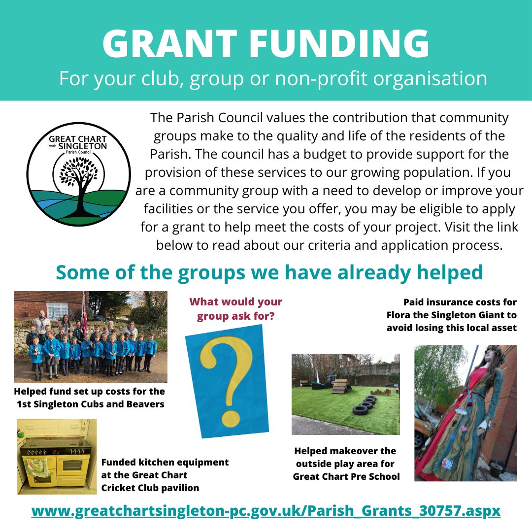 Did you know that <a href="/GCwSPC/">GCwS Parish Council</a> helps to support charity &amp; non-profit organisations within the parish through our grant scheme. 
Visit our website for the qualifying criteria and the application form. For more info, contact TheClerk@greatchartsingleton-pc.gov.uk
greatchartsingleton-pc.gov.uk/Parish_Grants_…
