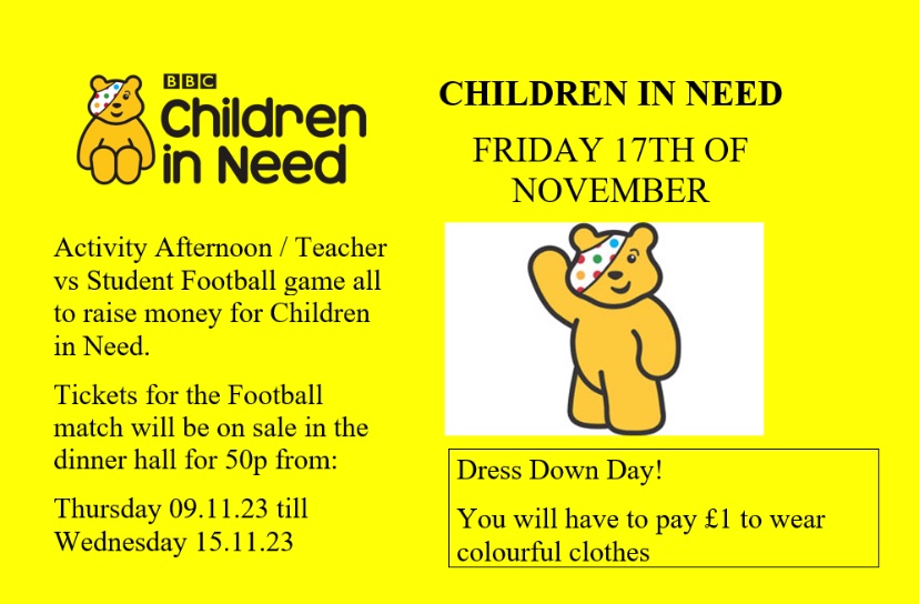 This coming Friday is Children in Need and to mark the day, S6 have planned a dress down day with an activity afternoon including a Teacher Vs Pupil football match. Pupils don’t forget to select your activity on Teams and buy your football tickets at lunchtimes #s6leadership