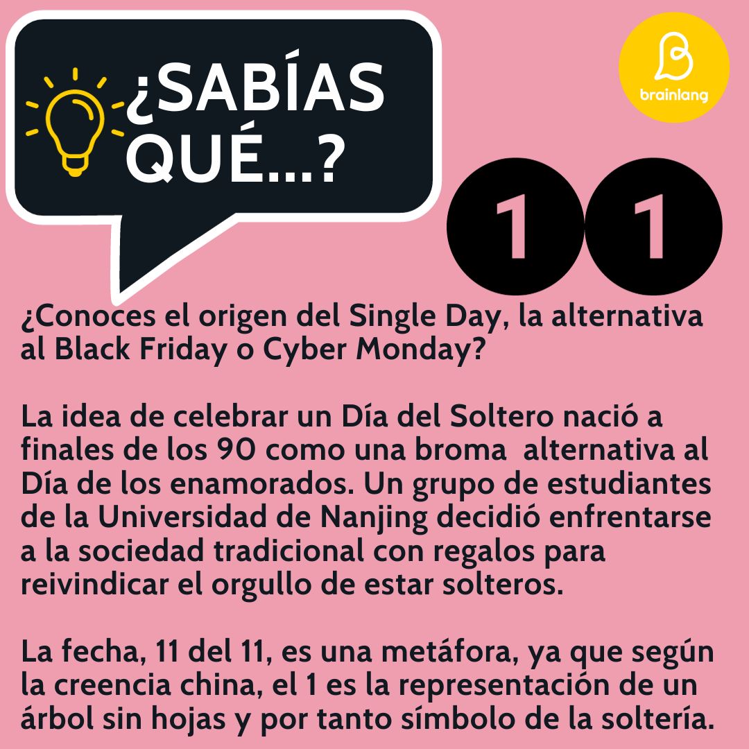 BrainLangVL's tweet photo. "1️⃣ ¡Desde #Brainlang os deseamos un FELIZ SINGLE DAY! 1️⃣
#singleday #curiosidades💡#mejoratuingles #entrenatuingles https://t.co/lRDwt9rghb