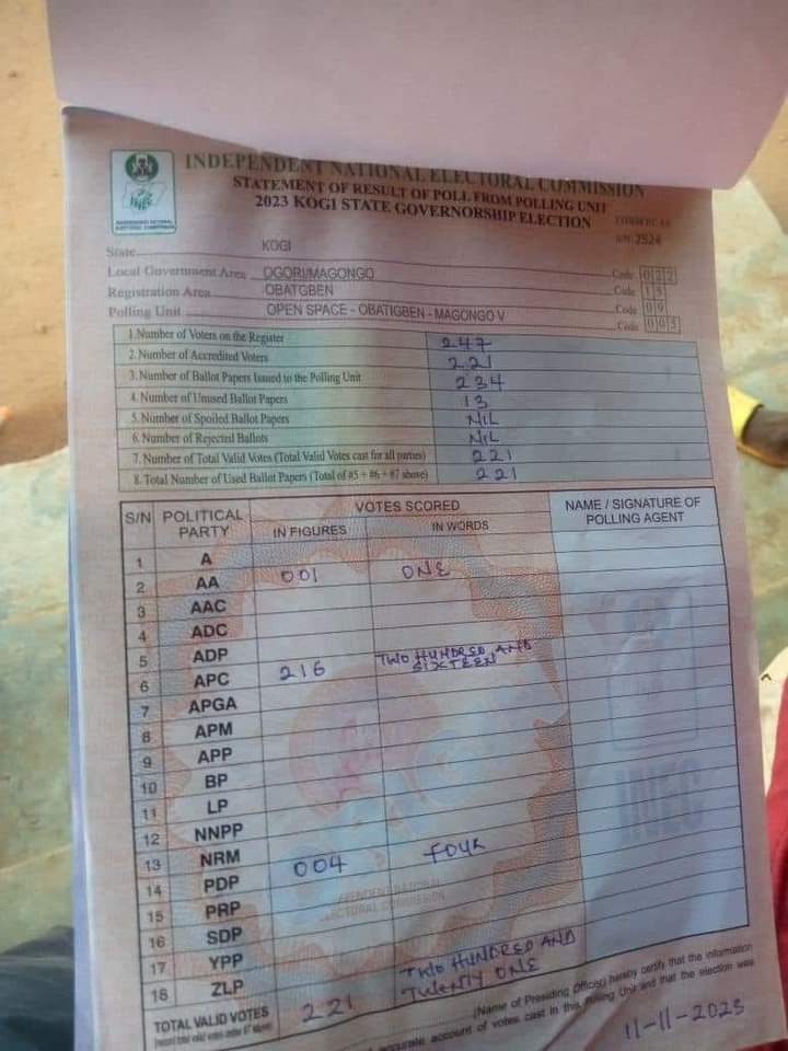 KogiLiberation's tweet photo. #KogiDecides2023:
#RedAlerts
In Obatigben ward in Kogi State, result sheets are being filled by APC agents without an election. There is no election anywhere in Ogori Magongo, yet results are filled by agents of APC. @inecnigeria @PoliceNG please take note.
@channelstv
@ARISEtv https://t.co/A02IsUDiCT