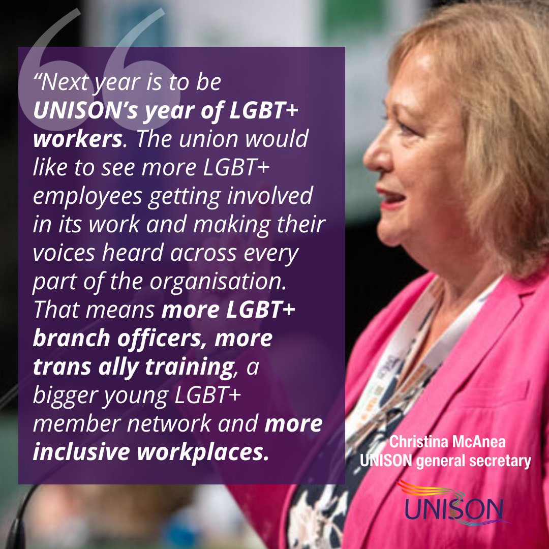 unisontheunion's tweet photo. UNISON general secretary Christina McAnea announces next year will be UNISON’s Year of LGBT+ workers.

In her speech to UNISON’s LGBT+ conference in Liverpool, she said: "Watching Conservative politicians pick on marginalised communities and stir up hatred at their annual conference this autumn was a desperate attempt to get a bounce in the polls"

“Nothing ministers say can deflect from their dereliction of their duty to protect UK citizens from harm. They won’t ban conversion therapy but, playing to the gallery, they say they’ll kick transgender women out of NHS wards and woke ideology out of science.

“The clue is in the name. Conservative means no progress, no change. Conserve the past and reject the future.

“Over the past five decades UNISON has built a thriving LGBT+ union community with hundreds of active members making a difference in workplaces across the UK.

“Next year is to be UNISON’s year of LGBT+ workers. The union would like to see more LGBT+ employees getting involved in its work and making their voices heard across every part of the organisation. That means more LGBT+ branch officers, more trans ally training, a bigger young LGBT+ member network and more inclusive workplaces.

“This work should never be underestimated, especially in this incredibly toxic time. The coming year is an opportunity to build on that fantastic work and reaffirm the union’s commitment to respecting, protecting and enhancing LGBT+ rights.”
#ULGBTplus23